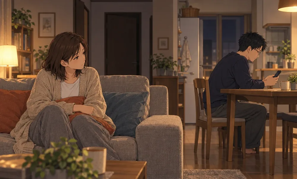 夜のリビング。ソファの妻が、ダイニングテーブルでスマホを見ている夫のほうを振り返っている