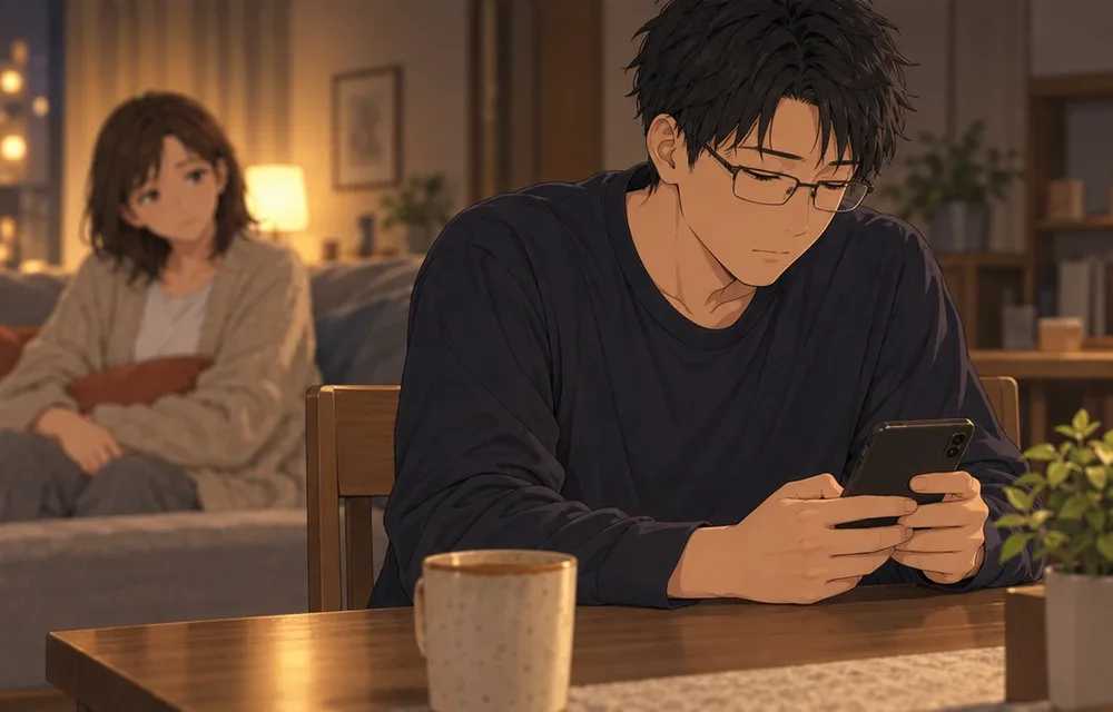 スマホを見続ける夫。奥のソファから、妻が夫を見ている