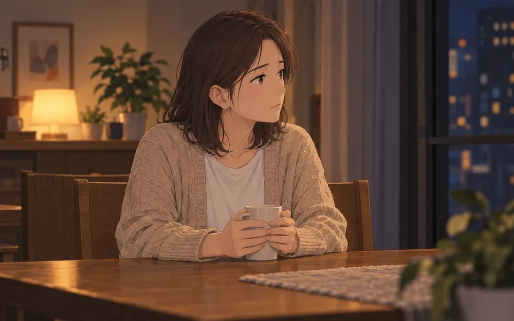 夜、ひとりでダイニングテーブルに座り、マグカップを両手で持って考えている妻