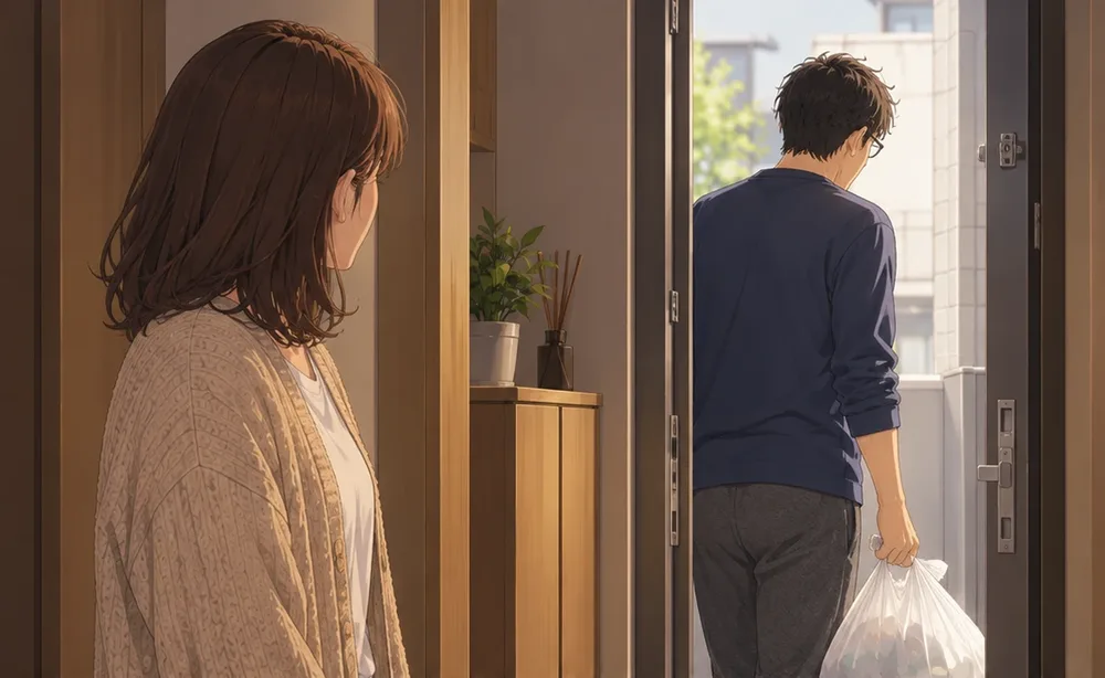 朝の玄関。ゴミ袋を持って出ていく夫を、妻がうしろから見ている