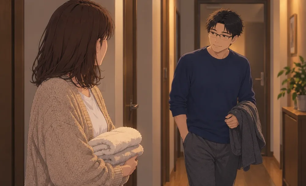 夜の廊下。タオルを抱えた妻の前を、夫が通りかかる
