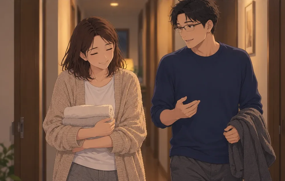 夜の廊下で、妻が微笑み、夫が話しかけている