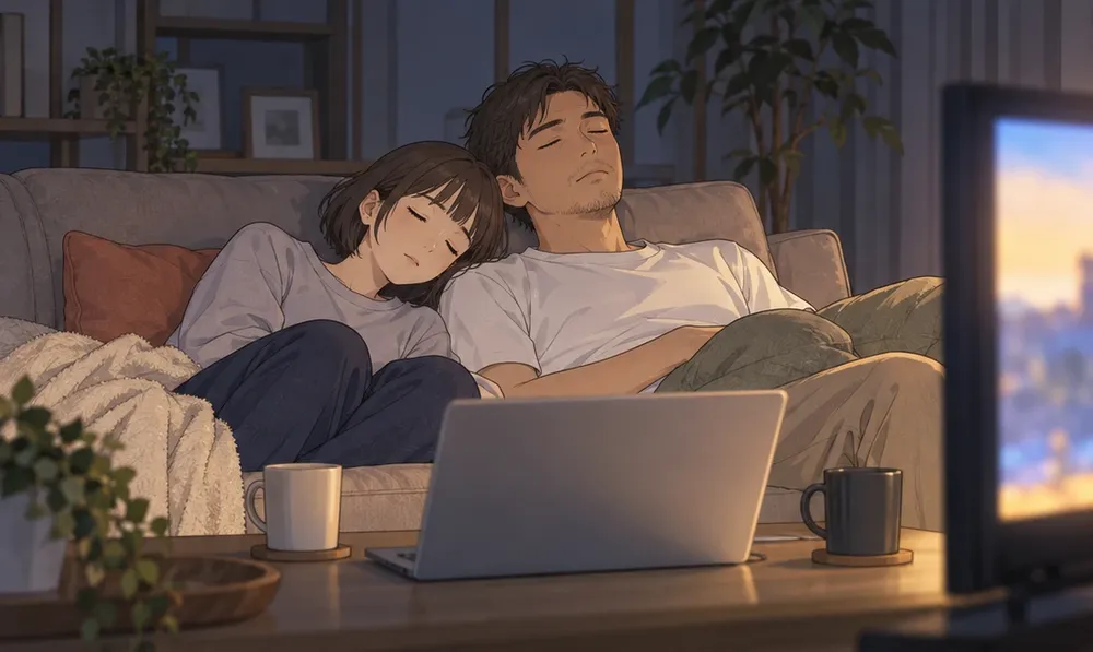 夜のリビング。テレビがついたまま、ソファで妻と夫がどちらも眠っている。テーブルにはノートパソコン