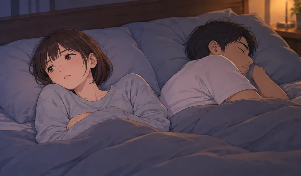 夜の寝室。目を開けたまま横になっている妻と、背中を向けてもう眠っている夫