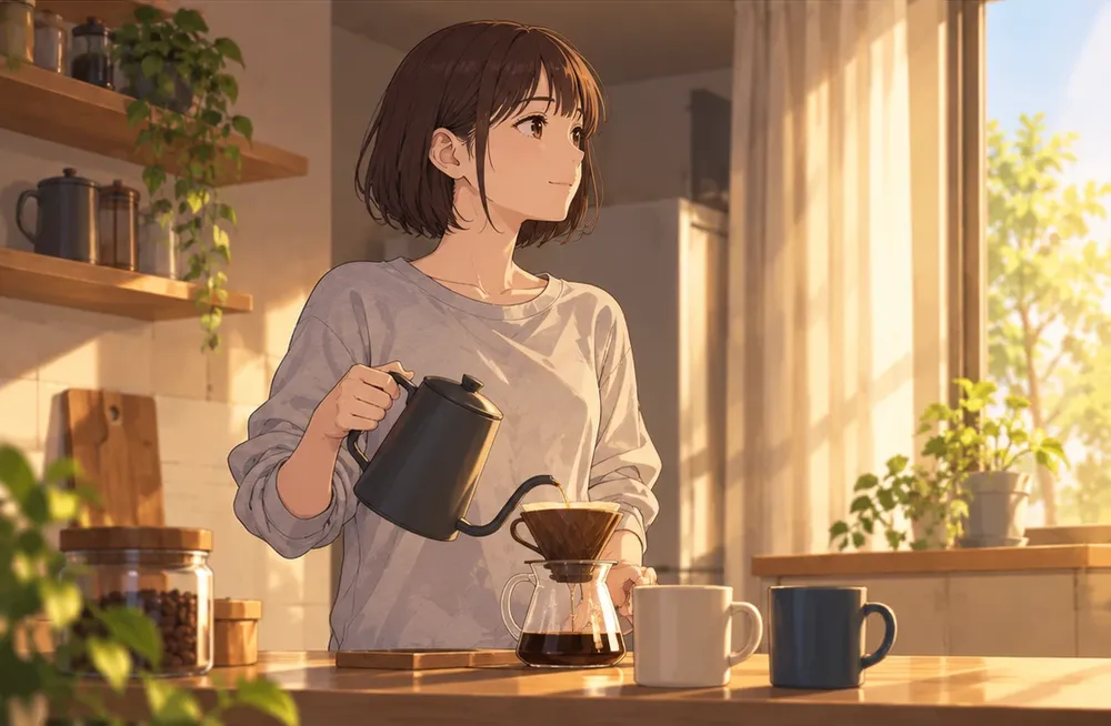 日曜の朝、光の入る台所で、コーヒーをいれながら窓の外を見ている妻