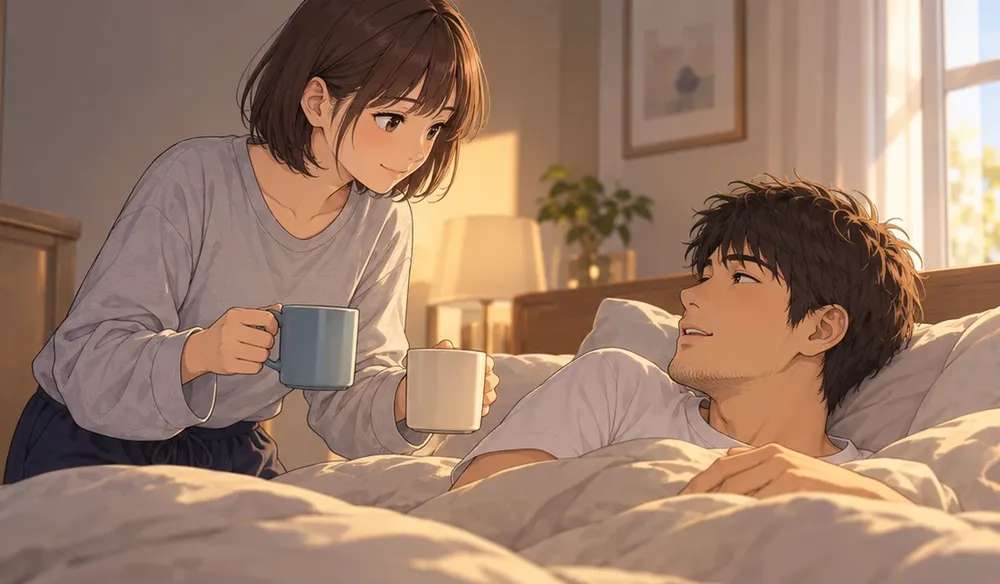 朝の寝室。起きたばかりの夫のところへ、妻がコーヒーを2つ運んでくる