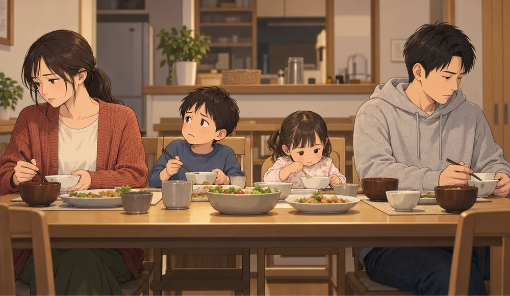 夕食の席で、目を合わせずに座る夫婦と子どもたち