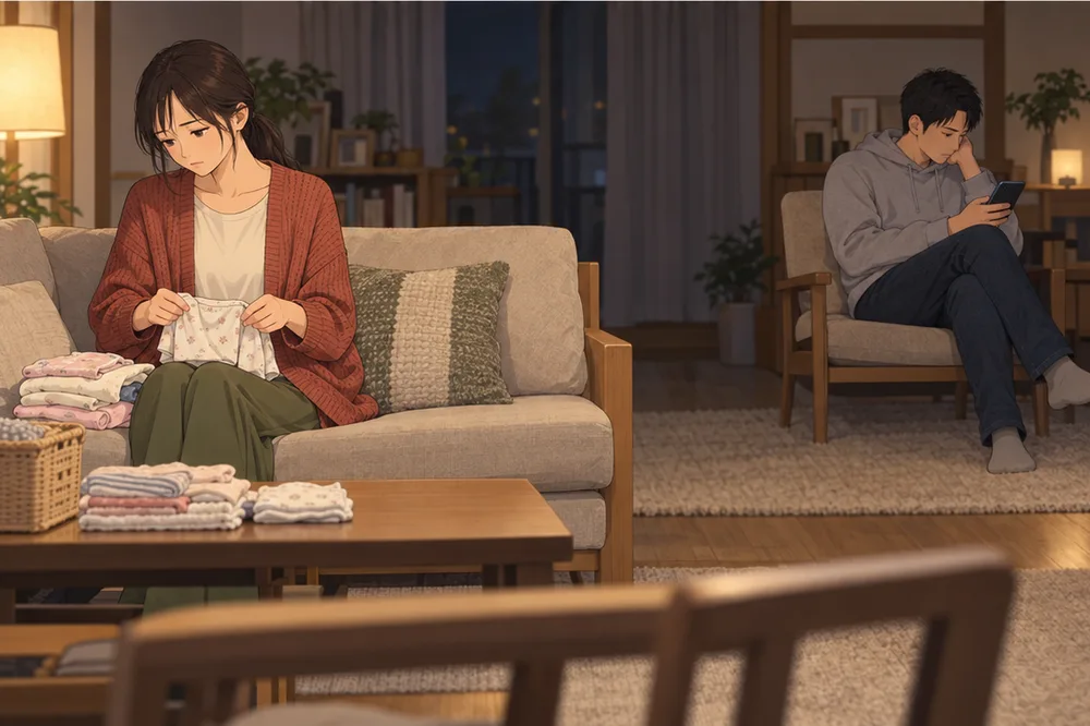 子どもが寝たあと、ひとりで服をたたむ妻と、離れて座る夫