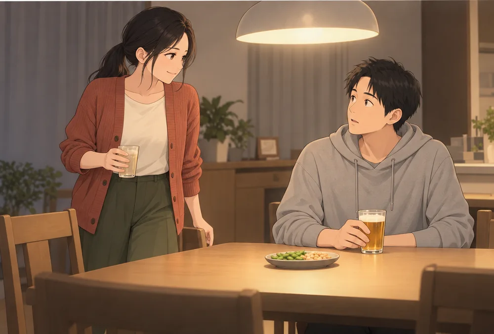 ビールを飲む夫のところへ、グラスを持って来る妻