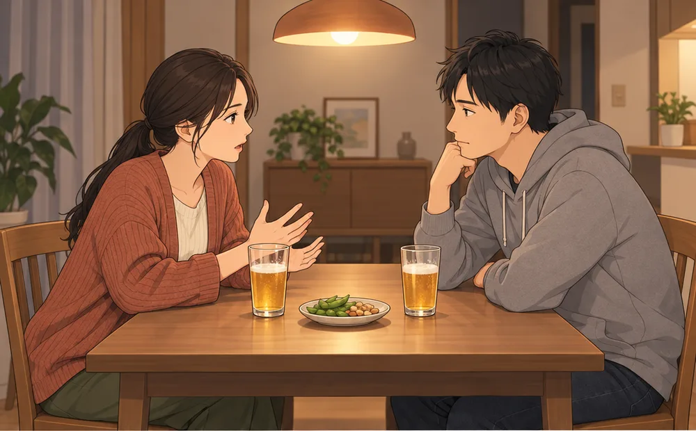 食卓に並んだ二人分のビールと枝豆