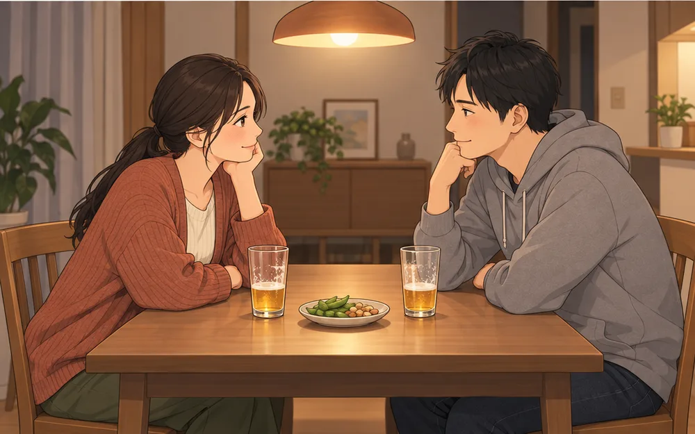 半分になったビールを前に、ほほえみ合う夫婦