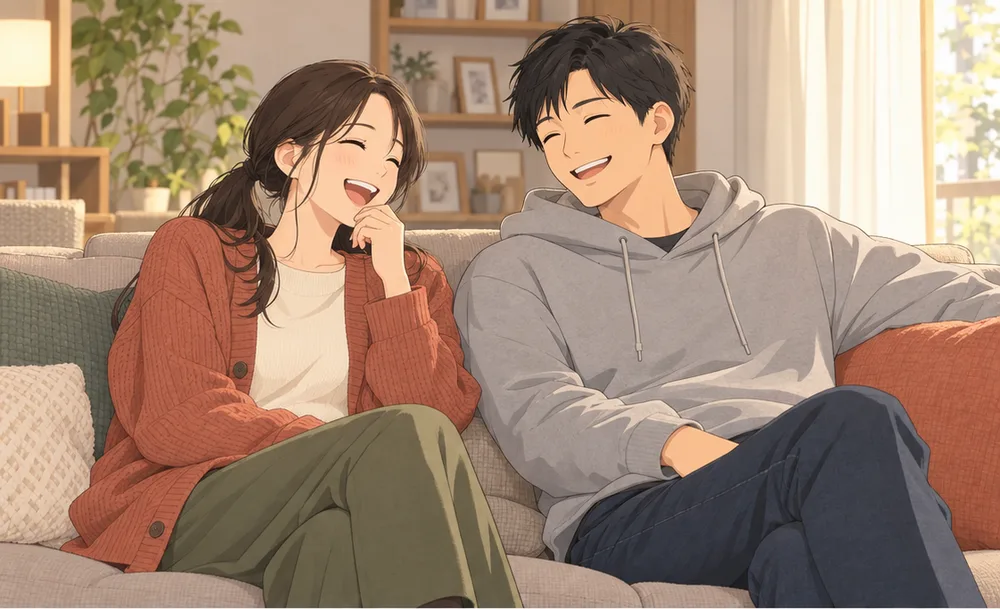 ソファで並んで笑い合う夫婦