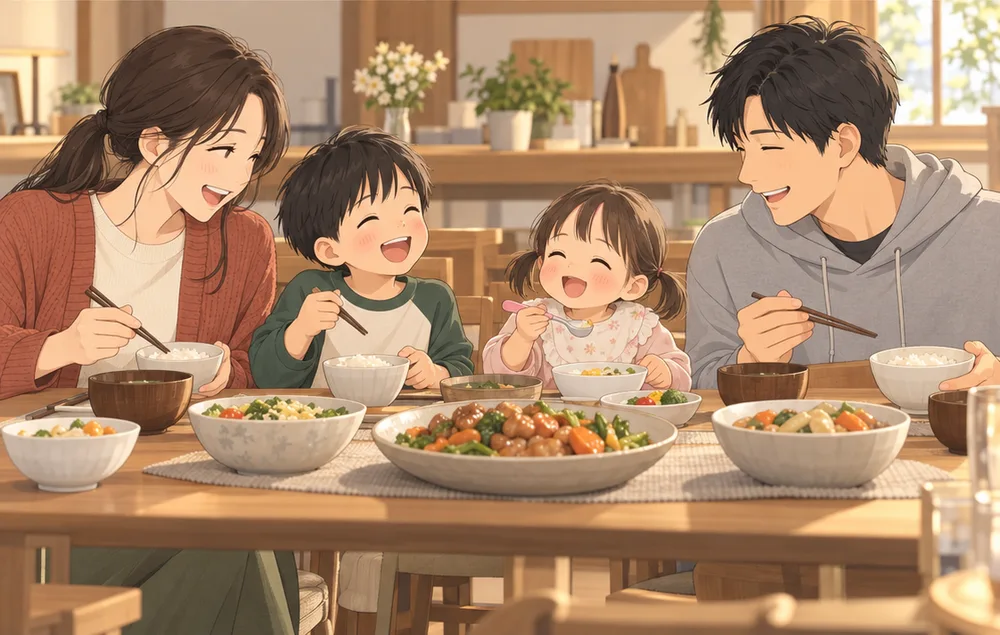 家族四人で笑いながら夕ごはんを食べる