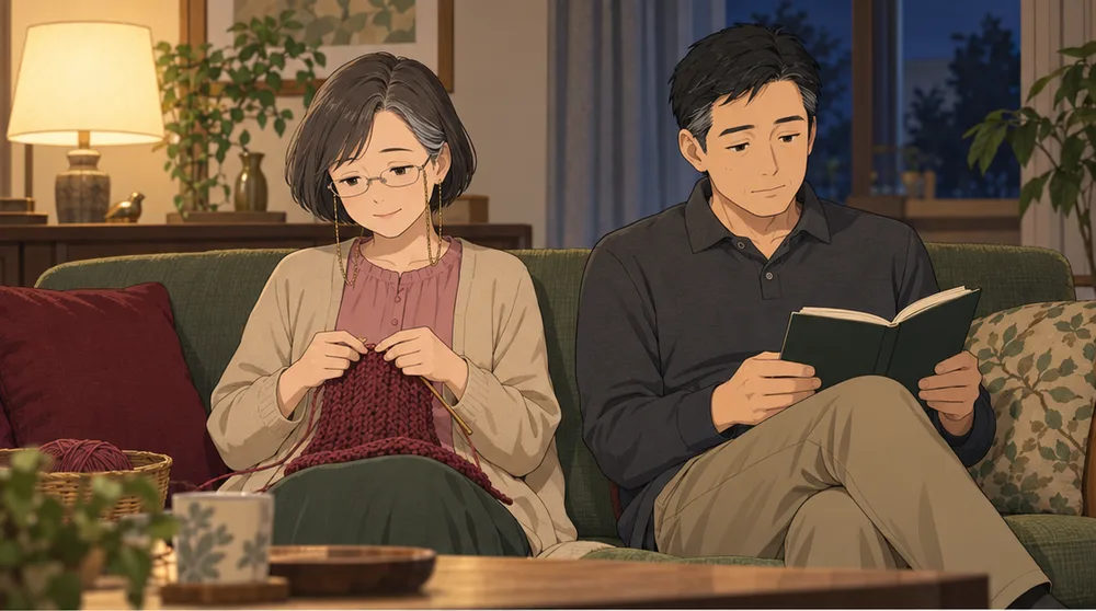 夜のリビングで、編み物をする妻と本を読む夫