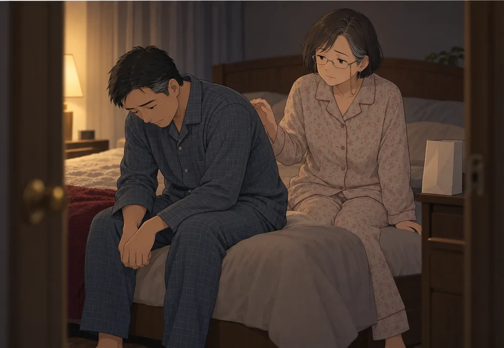 ベッドの端でうなだれる夫と、後ろから手を伸ばす妻