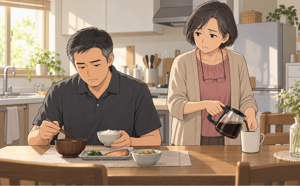 朝の台所で、うつむいて食べる夫と、コーヒーを注ぐ妻