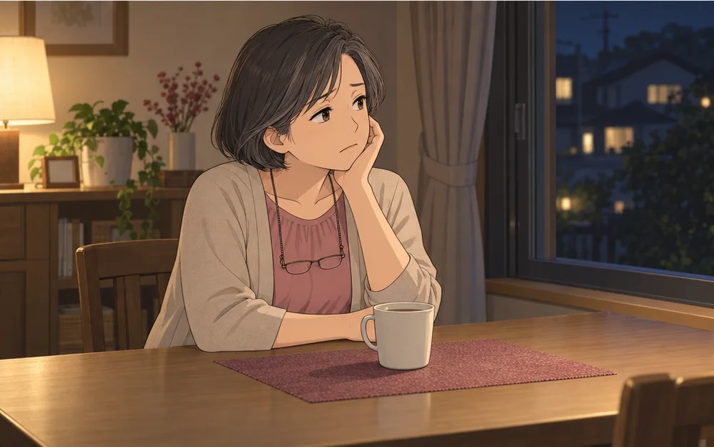 冷めたお茶を前に、暗い窓を見るひとりの妻