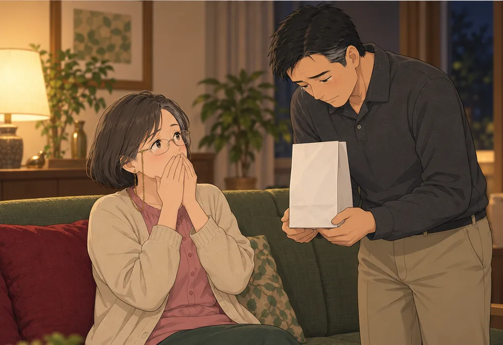 白い紙袋を持って、涙目で妻に話す夫