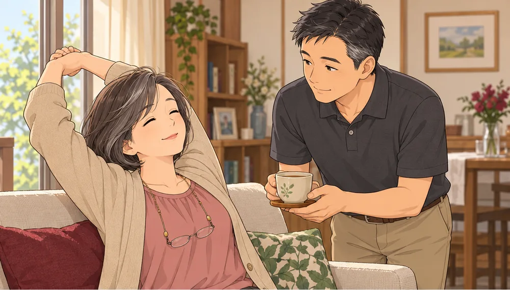 肩を伸ばす妻に、お茶を運ぶ夫