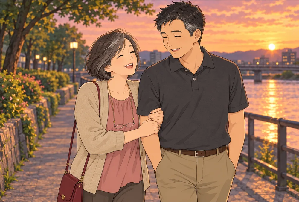 夕焼けの川沿いを、腕を組んで歩く夫婦