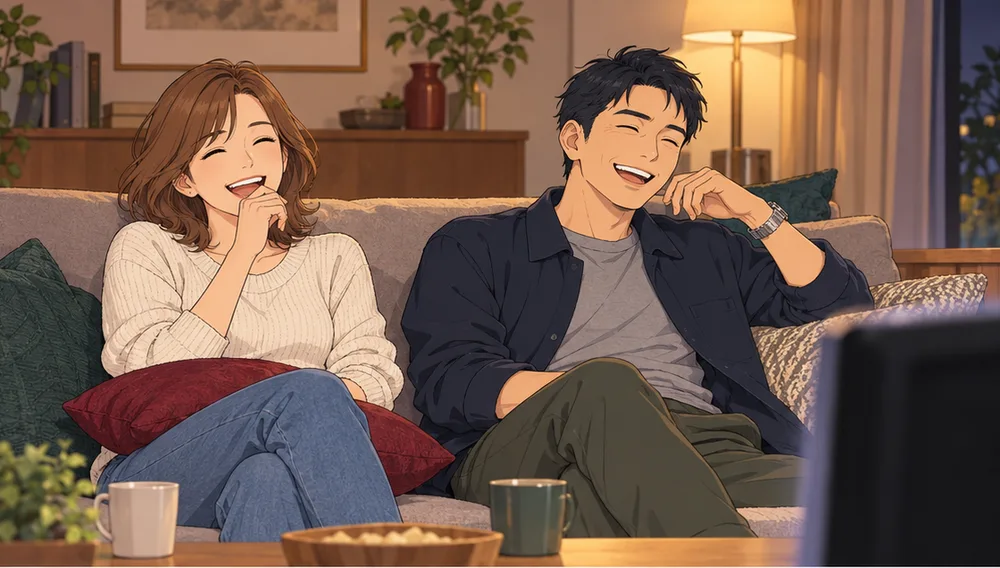 ソファで少し離れて座り、テレビを見て笑う夫婦