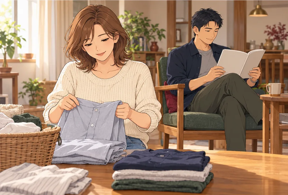 夫のシャツもたたむ妻と、奥で読み物をする夫