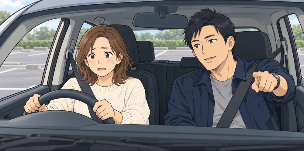 駐車場で、緊張してハンドルを握る妻と、助手席から教える夫