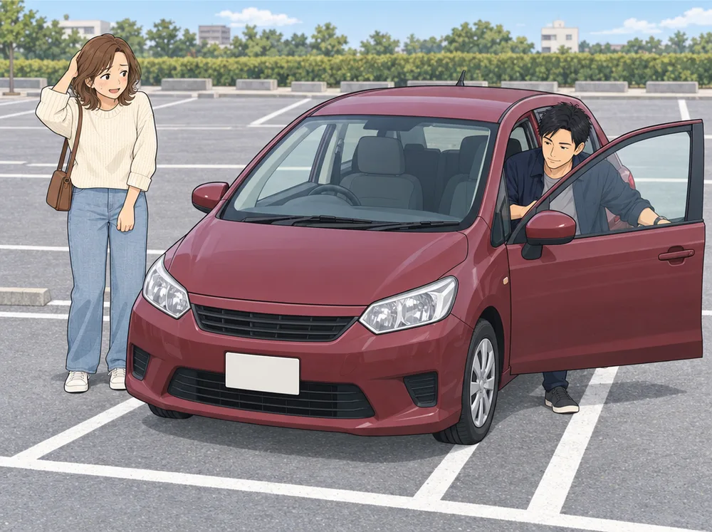 斜めに止まった車の横で照れる妻と、運転席に乗る夫