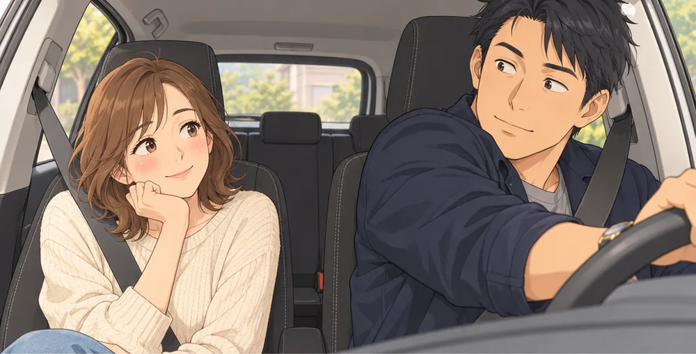 片手でハンドルを回してバックする夫と、助手席で見ている妻