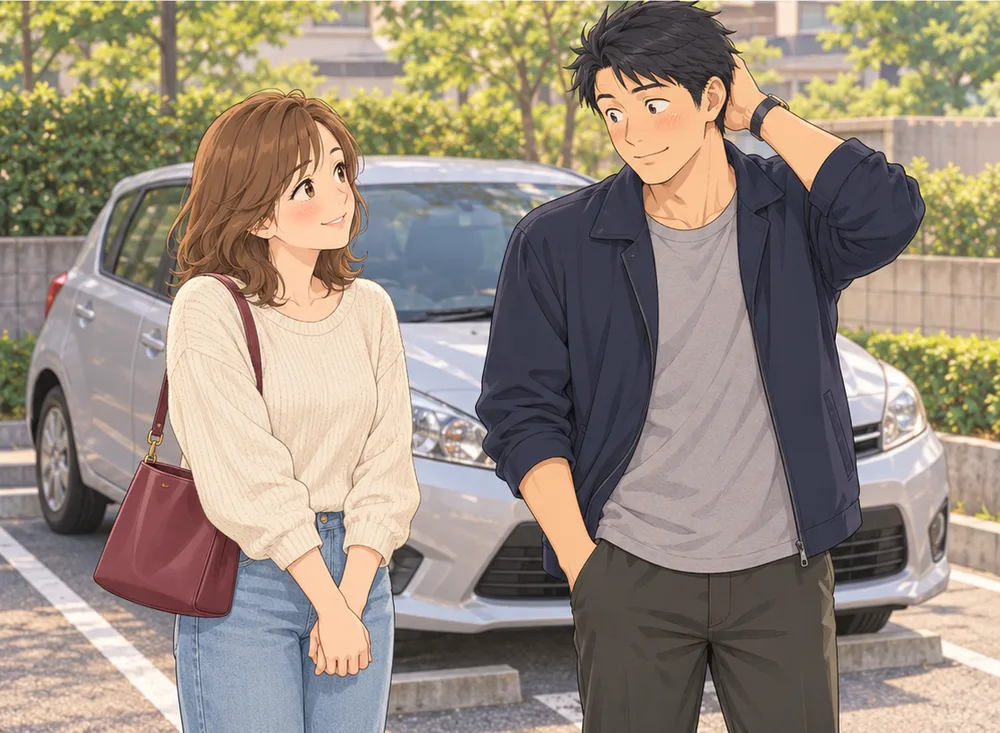 きれいに止まった車の前で、照れながら話す妻と、頭をかく夫