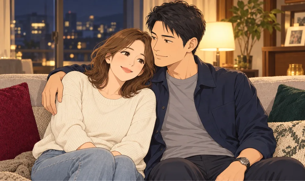 ソファで妻の肩に腕を回す夫
