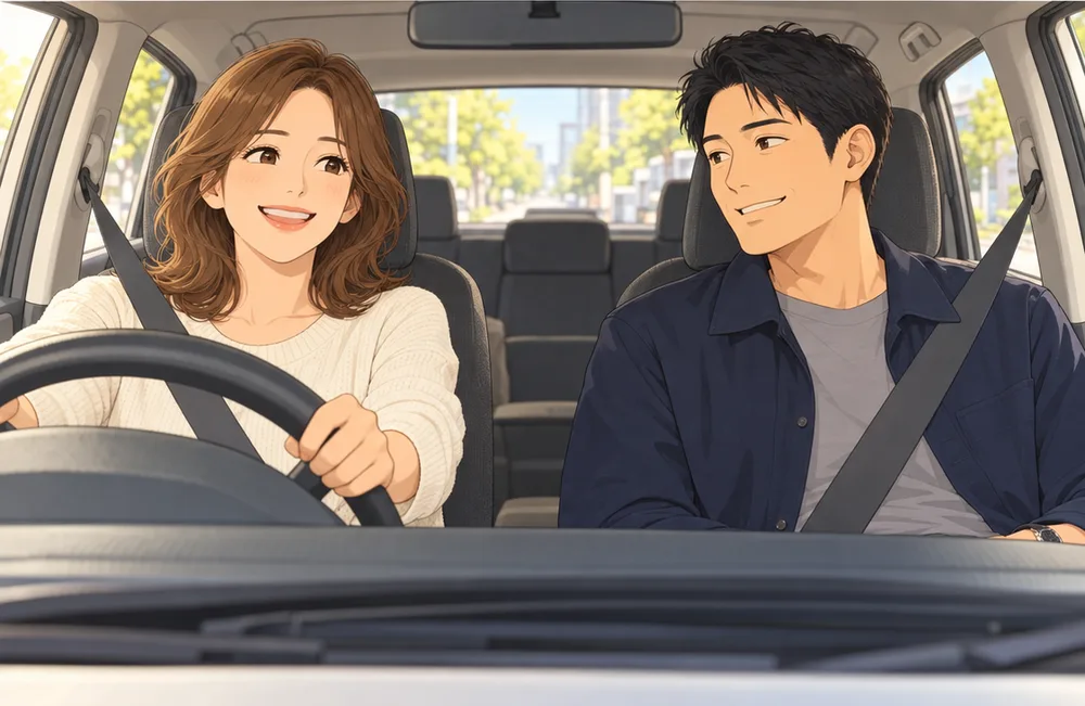 晴れた道を運転する妻と、助手席でほほえむ夫