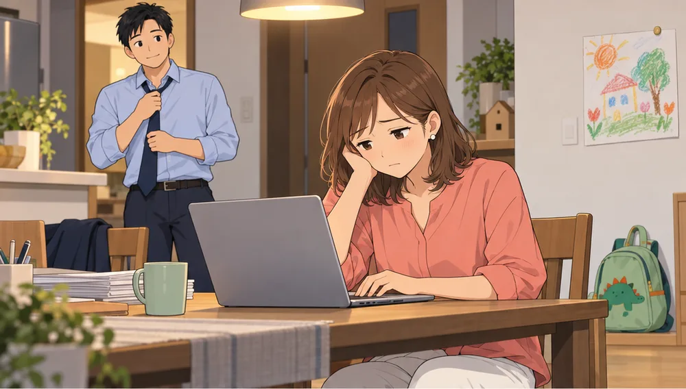夜のダイニングで疲れた顔でノートパソコンに向かう妻と、奥で帰宅してネクタイをゆるめる夫