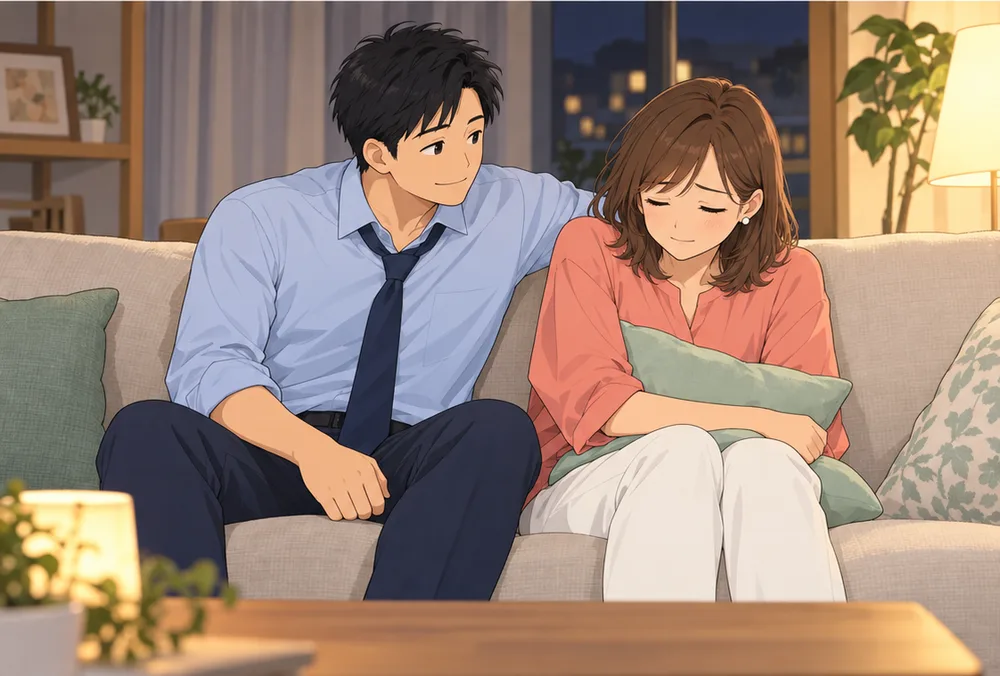 夜のソファで、少し身を寄せる夫と、疲れた顔でクッションを抱える妻