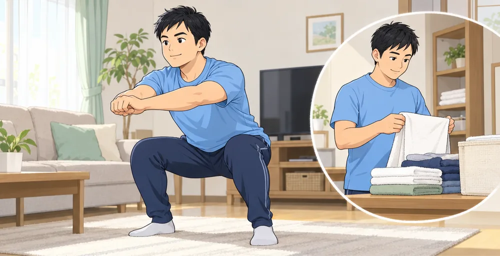 昼のリビングでスクワットをする夫と、洗濯物をたたむ夫
