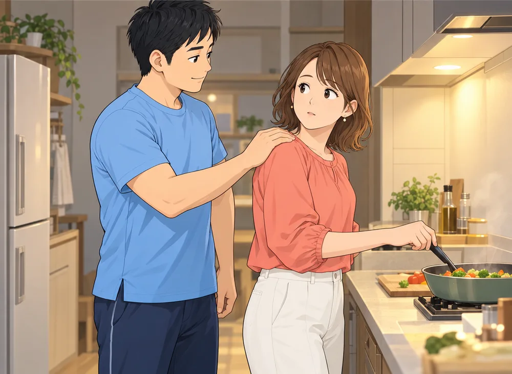 台所で料理する妻の横に立ち、肩に手を置く夫