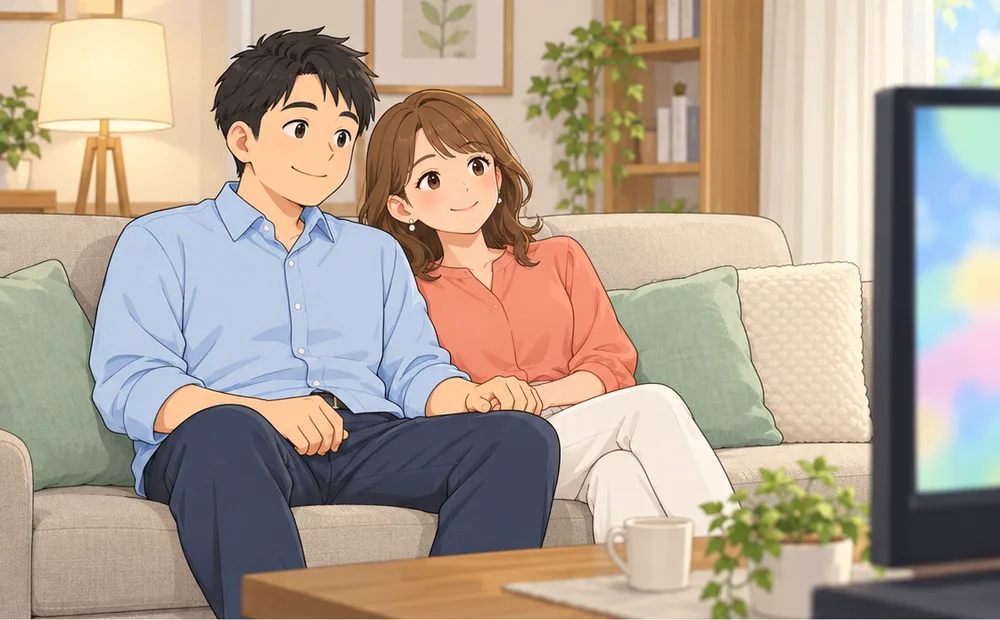 ソファでテレビを見ながら、手を重ねてくつろぐ二人
