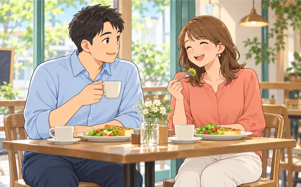週末のカフェで、笑いながらランチをする二人