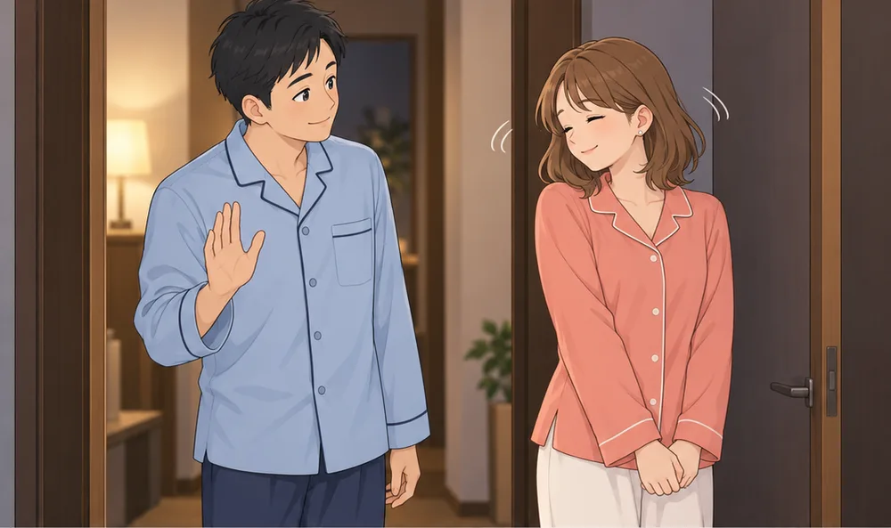 夜の寝室の入口で、小さく首を振る妻と、手を上げて微笑む夫