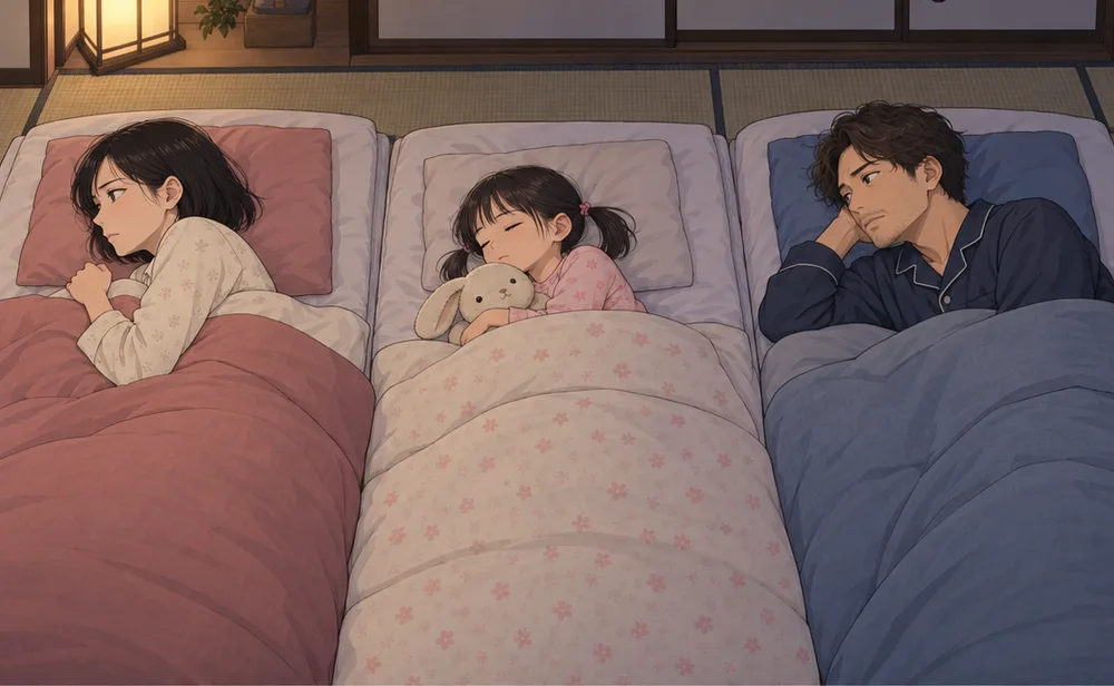 布団で背を向け、目を開けたままの妻と、隣で眠る娘
