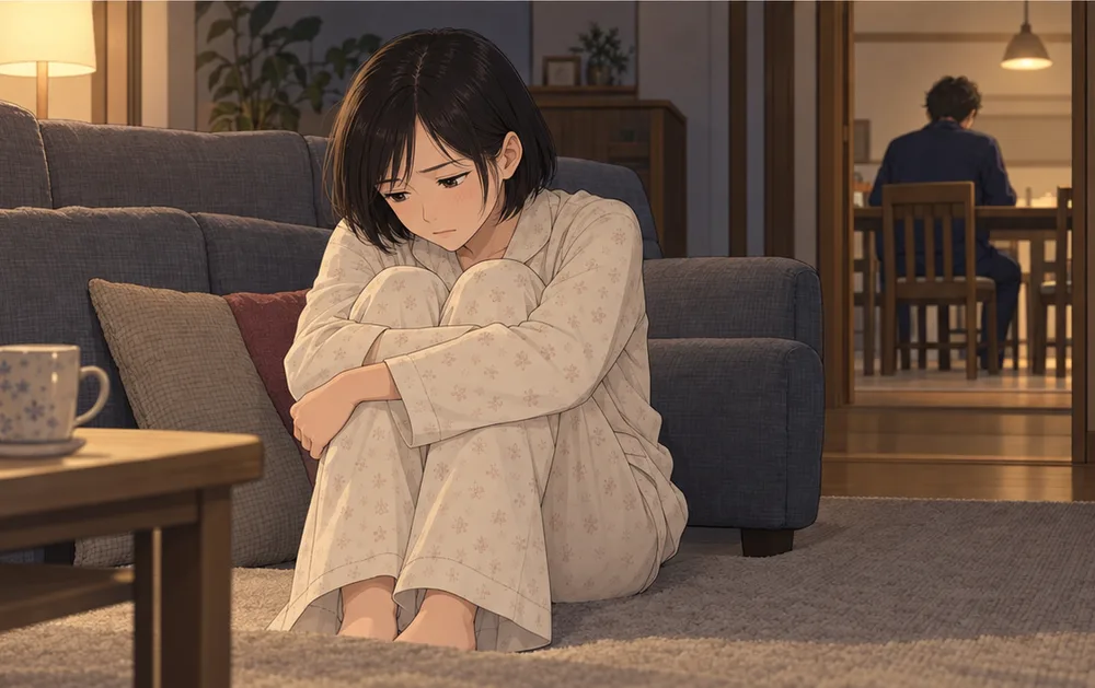 ソファにもたれて膝を抱え、うつむく妻