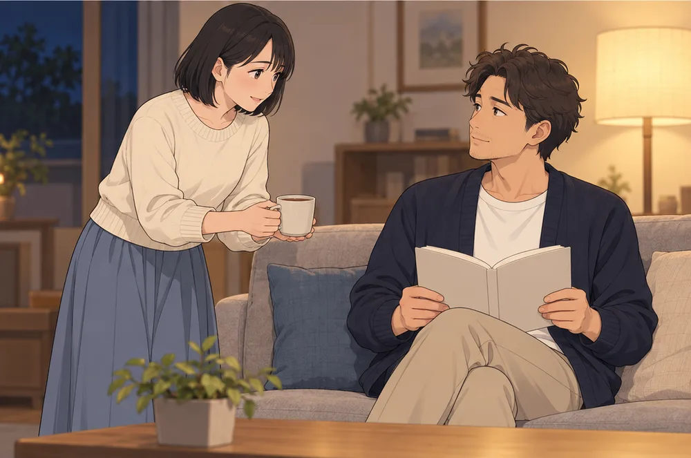 ソファで本を読む夫に、お茶を運ぶ妻