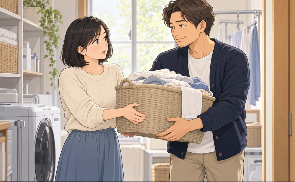 妻から重い洗濯かごを受け取る夫