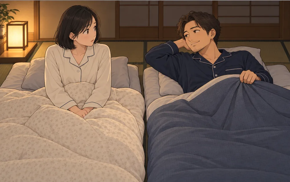 布団の端を持ち上げて、軽く声をかける夫