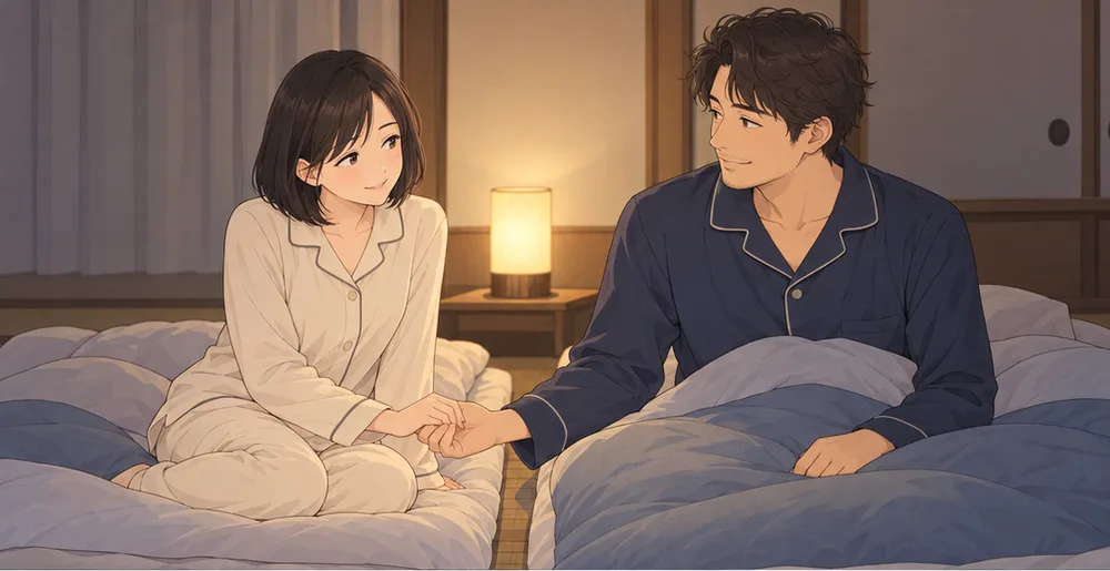 夫の布団のそばにひざをつき、差し出された手をとる妻