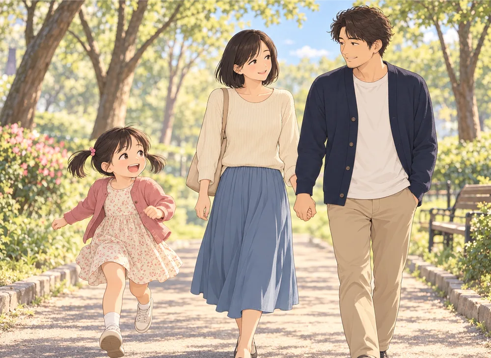 公園の道を手をつないで歩く夫婦と、前を走る娘