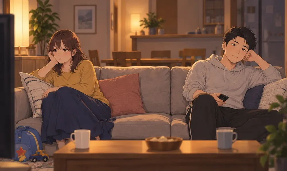 夜のリビング。長いソファの端と端に座ってテレビを見る妻と夫。床に子どものリュック