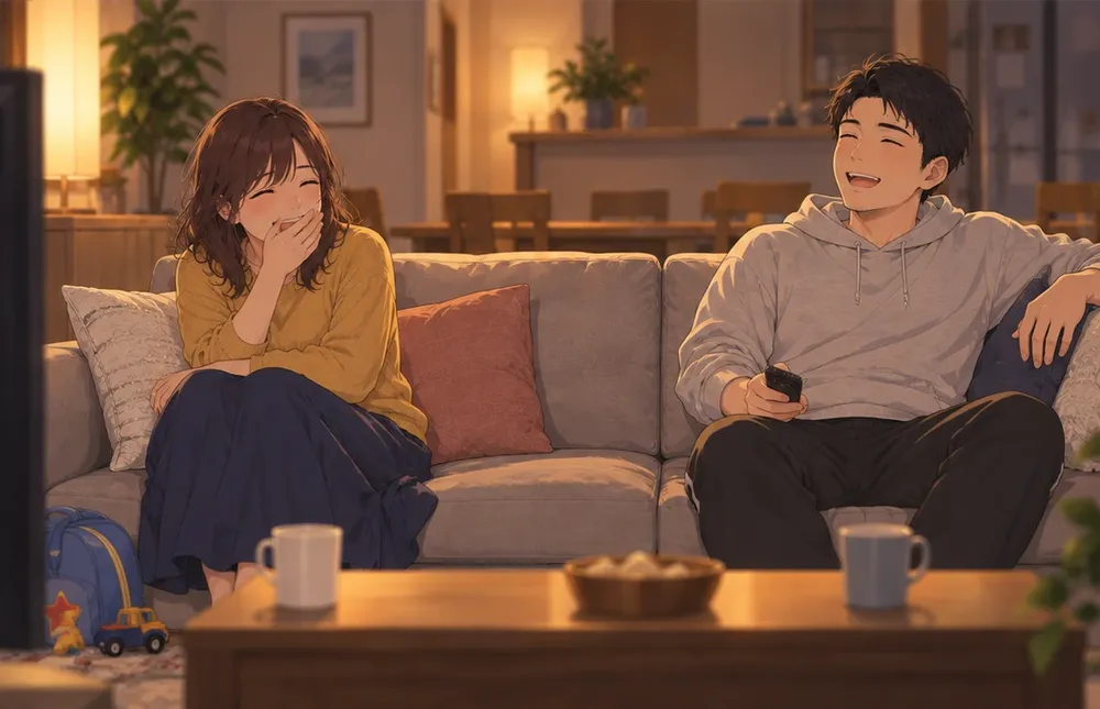 同じソファで、離れて座ったまま二人とも笑っている