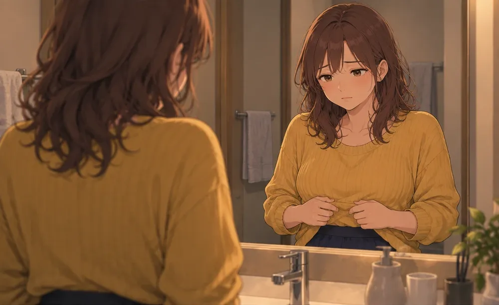 洗面所の鏡の前で、セーターのすそを持って自分を見ている妻