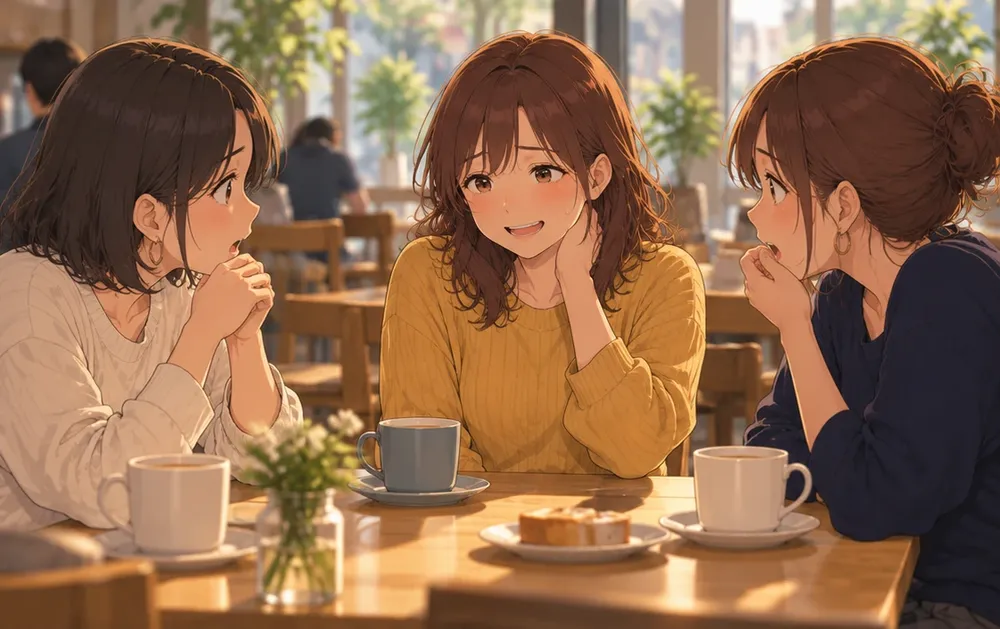 昼のカフェ。驚いた顔の友だち2人と、照れたように笑う妻